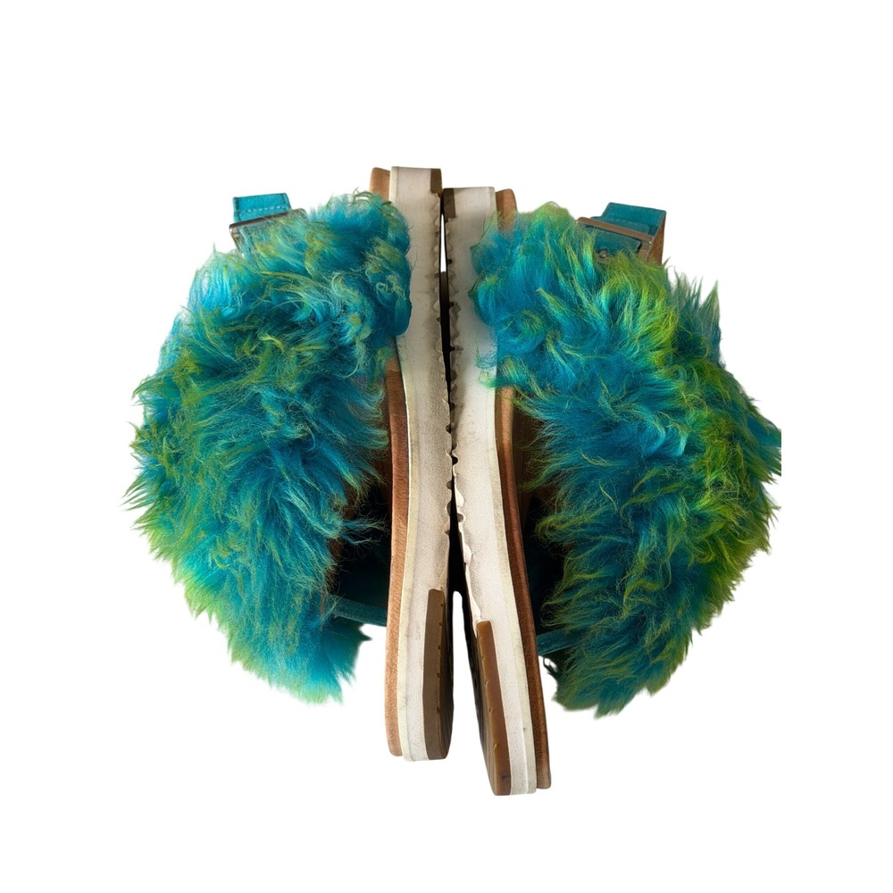 UGG Womens Teal Lime Green Faux Fur Slingback Holly Sandals Buckle Strap  10 - Picture 11 of 13